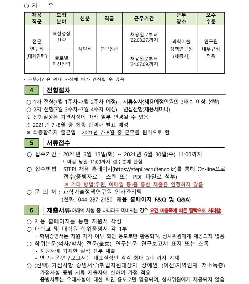 2021년 과학기술정책연구원 8차 전문연구직(비정규직(대체인력)) 채용 : 자세한 내용은 하단의 파일을 참조하세요. 첨부파일명 : 2021년 8차 전문연구직(비정규직(대체인력)) 채용공고문.pdf