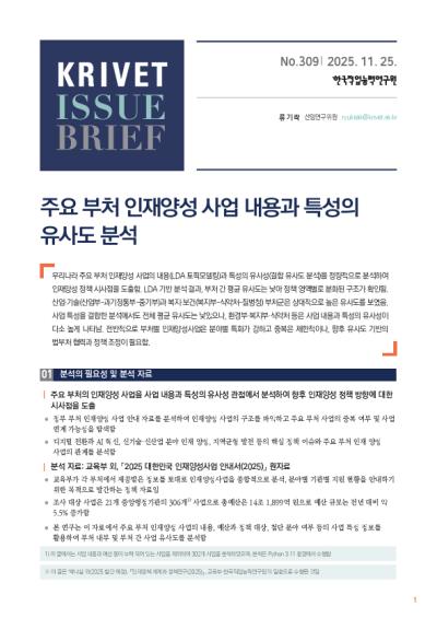 KRIVET Issue Brief 309호 주요 부처 인재양성 사업 내용과 특성의 유사도 분석 표지이미지