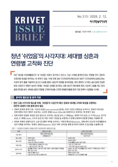 KRIVET Issue Brief 313호 청년 ‘쉬었음’의 사각지대: 세대별 상흔과 연령별 고착화 진단 표지이미지