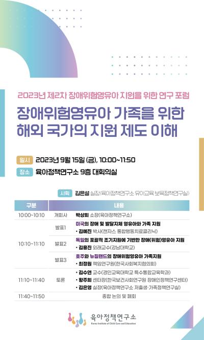 2023년 제2차 장애위험영유아 지원을 위한 연구 포럼: 장애위험영유아 가족을 위한 해외 국가의 지원 제도 이해 대표 이미지