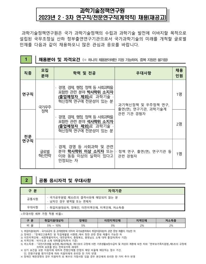 (1/3)과학기술정책연구원 2023년 2·3차 연구직/전문연구직(계약직) 채용(재공고) - 자세한 내용은 하단 참조