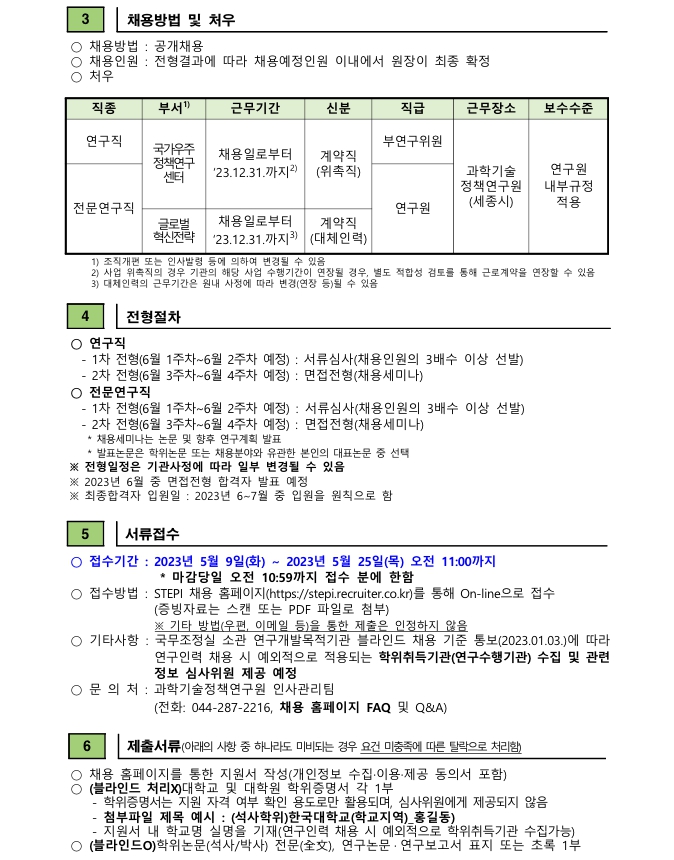 (2/3)과학기술정책연구원 2023년 2·3차 연구직/전문연구직(계약직) 채용(재공고) - 자세한 내용은 하단 참조