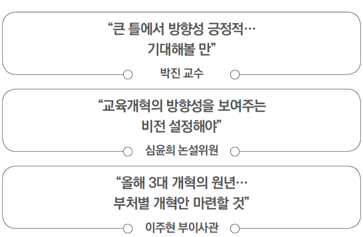 '큰 틀에서 방향성 긍정적... 기대해볼 만' - 박진 교수 | '교육개혁의 방향성을 보여주는 비전 설정해야' - 심윤희 논설위원 | '올해 3대 기혁의 원년... 부처별 개혁안 마련할 것' - 이주현 부이사관