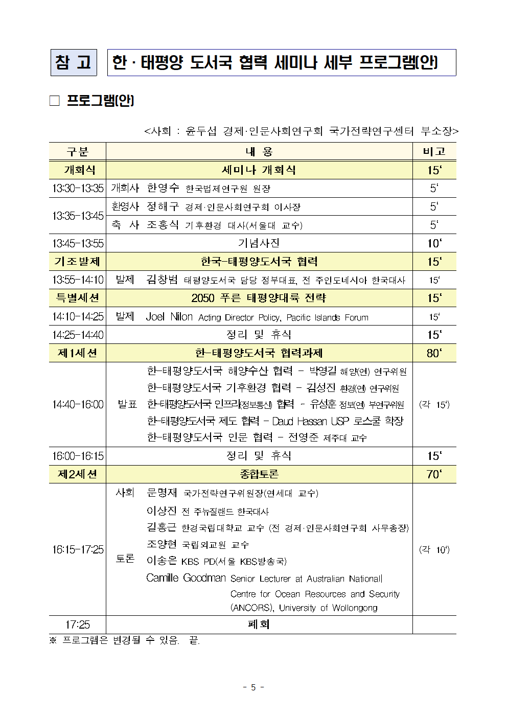 (5/5) 한국법제연구원, 한국해양수산개발원, 한국환경연구원 공동 주관 ‘한·태평양 도서국 협력 세미나’ 개최 보도자료 - 자세한 내용은 하단 참조