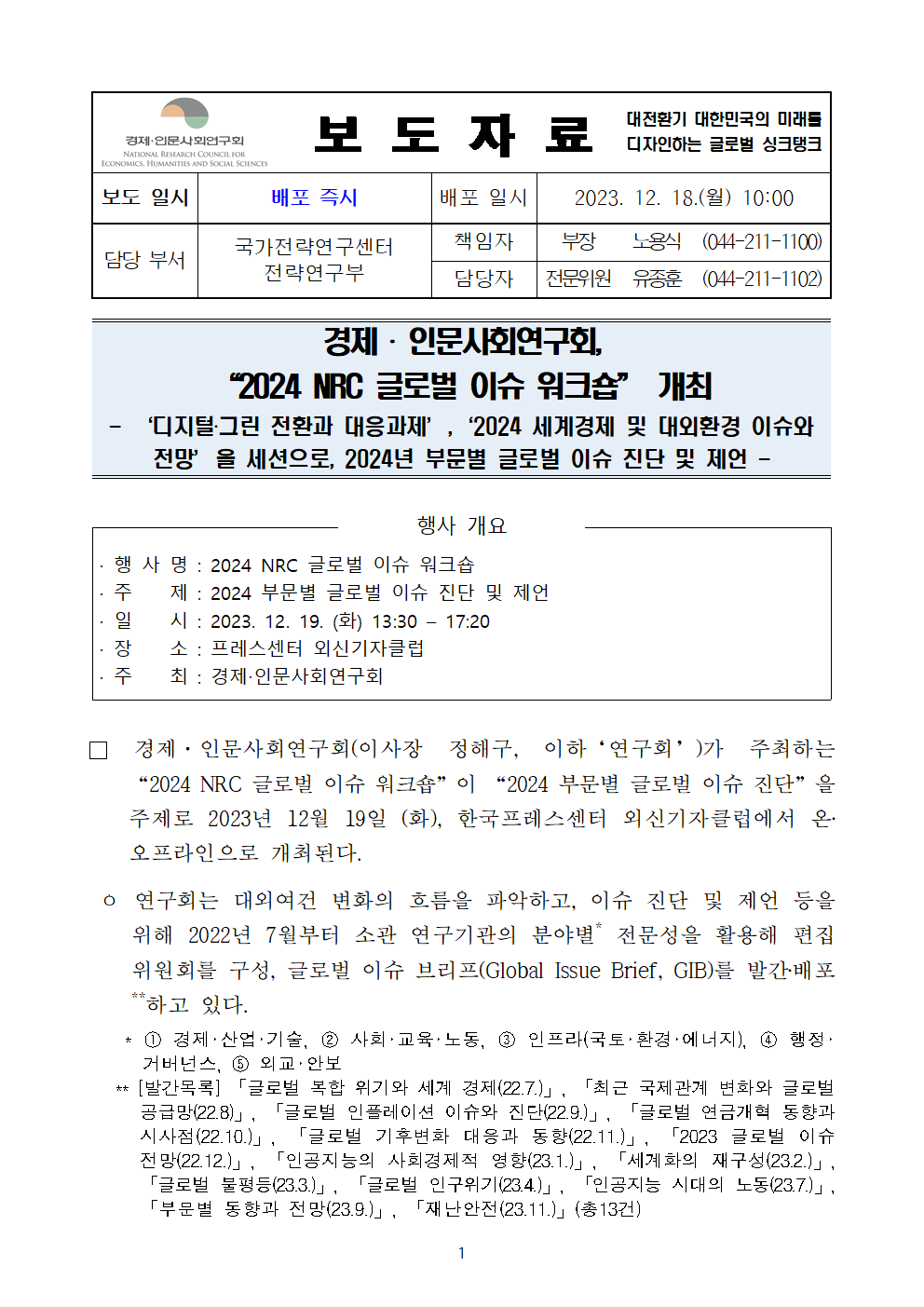 (1/3) [사전] 경제·인문사회연구회, 2024 NRC 글로벌 이슈 워크숍 개최 상세 하단 참조