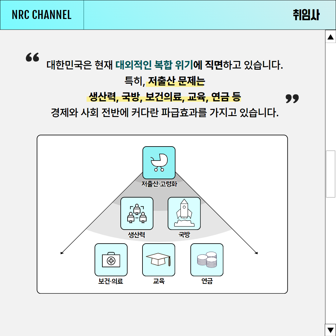 (3/6) NRC CHANNEL NEWS | 취임사 | 대한민국은 현재 대외적인 복합 위기에 직면하고 있습니다. 특히, 저출산 문제는 생산력, 국방, 보건의료, 교육, 연금 등 경제와 사회 전반에 커다란 파급효과를 가지고 있습니다.