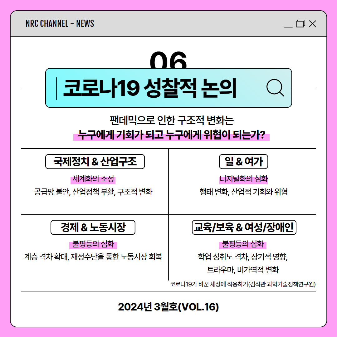 (8/11) NRC CHANNEL - NEWS | 06 코로나19 성찰적 논의 | 팬데믹으로 인한 구조적 변화는 누구에게 기회가 되고 누구에게 위협이 되는가? | 국제정치 & 산업구조 : 세계화의 조정 공급망 불안, 산업정책 부활, 구조적 변화 / 일 & 여가 : 디지털화의 심화 행태 변화, 산업적 기회와 위협 / 경제 & 노동시장 : 불평등의 심화 계층 격차 확대, 재정수단을 통한 노동시장 회복 / 교육/보육 & 여성/장애인 : 불평등의 심화 학업 성취도 격차, 장기적 영향, 트라우마, 비가역적 변화 - 코로나19가 바꾼 세상에 적응하기(김석관 과학기술정책연구원) | 2024년 3월호(VOL.16)