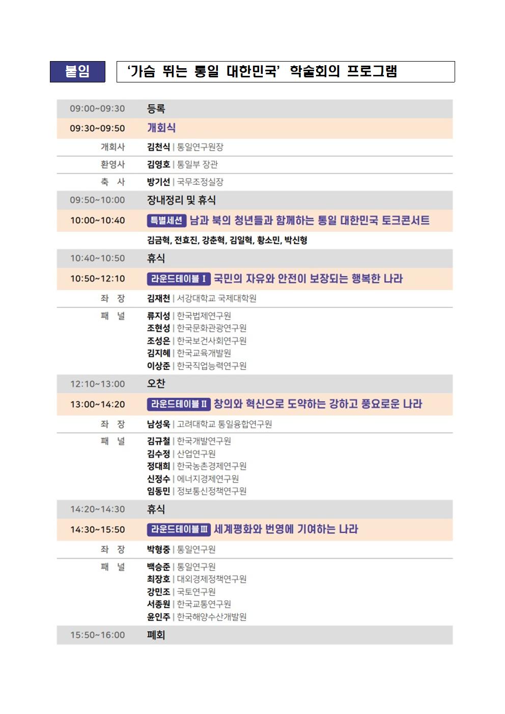 (4/4) 붙임 '가슴 뛰는 통일 대한민국' 학술회의 프로그램 - 자세한 사항은 하단 참조