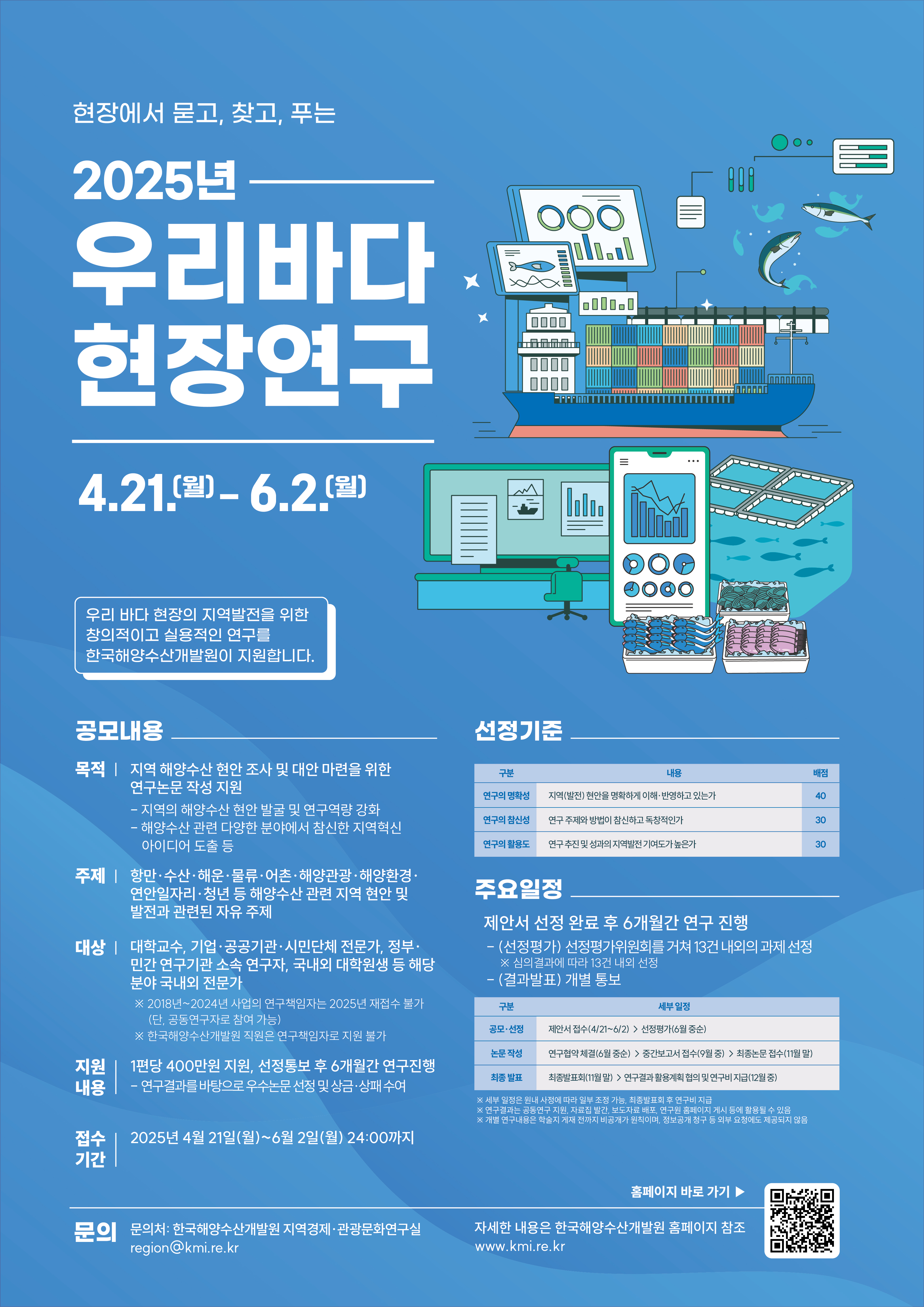 2025년 우리바다 현장연구 지원사업」공모 안내 포스터 - 자세한 사항은 아래 글 참조 
