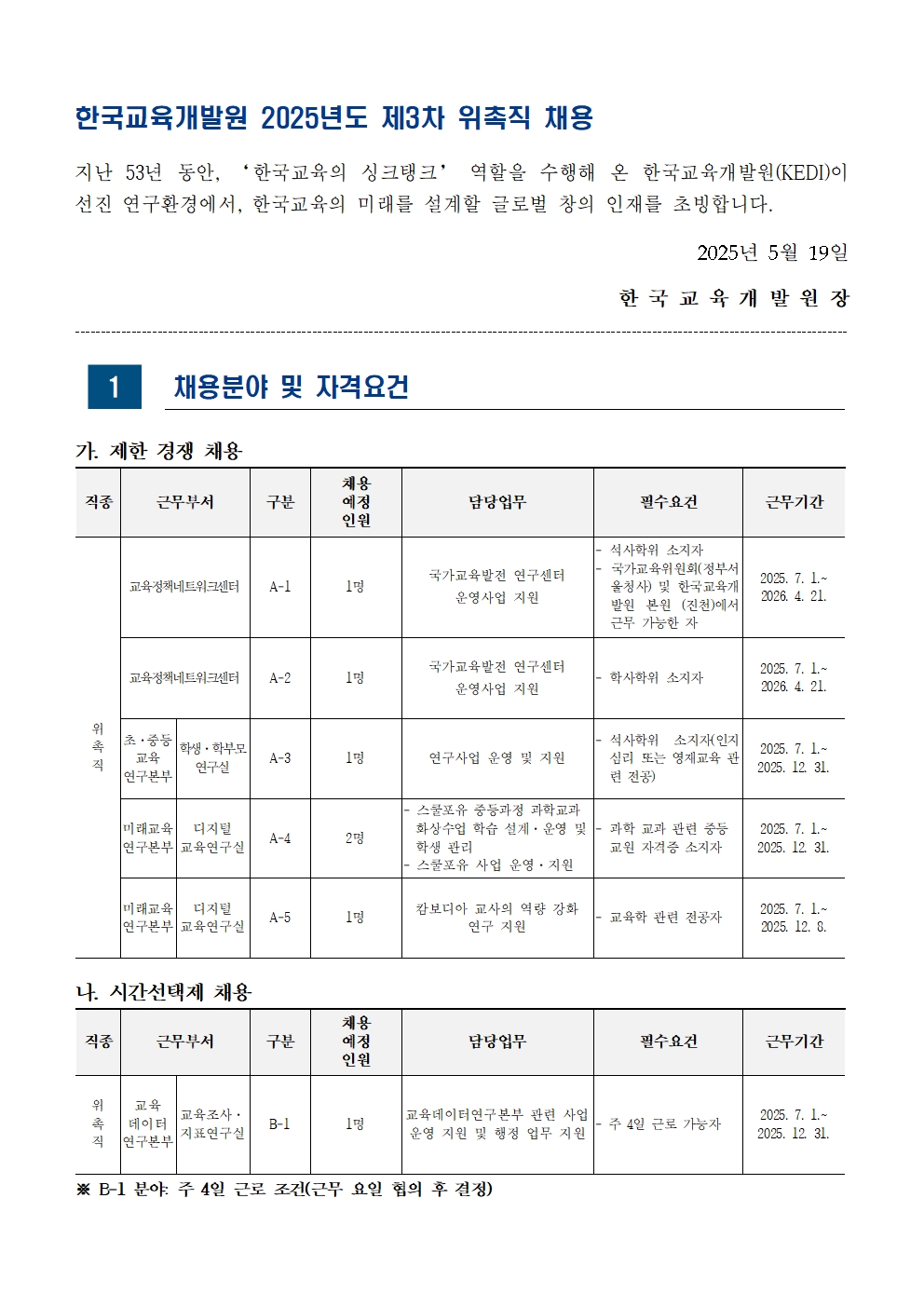 [한국교육개발원] 2025년도 제3차 위촉직 채용 공고문 - 자세한 사항은 아래 글 참조