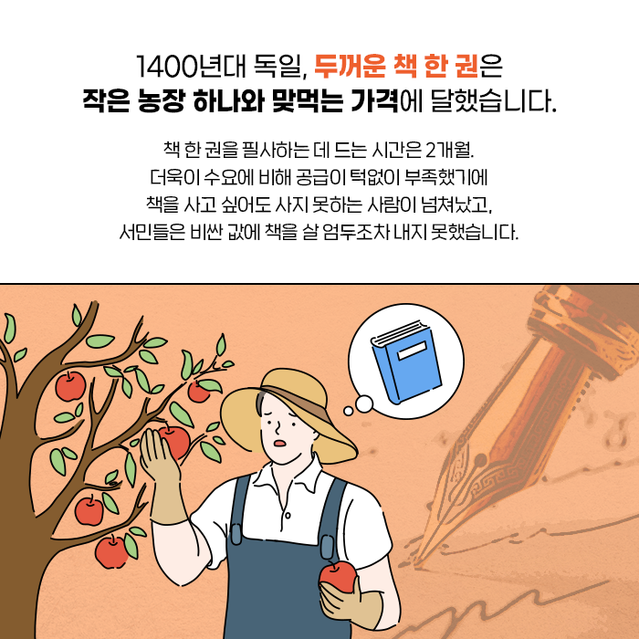 1400년대 독일, 두꺼운 책 한 권은 작은 농장 하나와 맞먹는 가격에 달했습니다. | 책 한 권을 필사하는 데 드는 시간은 2개월. 더욱이 수요에 비해 공급이 턱없이 부족했기에 책을 사고 싶어도 사지 못하는 사람이 넘쳐났고, 서민들은 비싼 값에 책을 살 엄두조차 내지 못했습니다. 하지만 구텐베르크의 인쇄술 발명으로 많은 사람이 책을 접할 수 있게 되었는데요! (2/10)