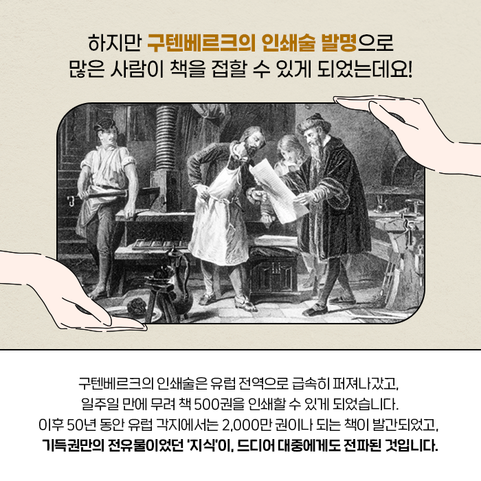 하지만 구켄베르크의 인쇄술 발명으로 많은 사람이 책을 접할 수 있게 되었는데요! | 구텐베르크의 인쇄술은 유럽 전역으로 급속히 퍼져나갔고, 일주일 만에 무려 책 500권을 인쇄할 수 있게 되었습니다. | 이후 50년 동안 유럽 각지에서는 2,000만 권이나 되는 책이 발간되었고, 기득권만의 전유물이었던 ‘지식’이, 드디어 대중에게도 전파된 것입니다. (3/10)