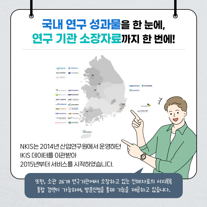 국내 연구 성과물을 한 눈에, 연구 기관 소장자료까지 한 번에!  | NKIS는 2014년 산업연구원에서 운영하던 IKIS 데이터를 이관받아 2015년 부터 서비스를 시작하였습니다. | 또한, 소관 26개 연구기관에서 소장하고 있는 인쇄자료의 서지목록 통합 검색이 가능하며, 방문신청을 통해 기능을 제공하고 있습니다. (6/10)