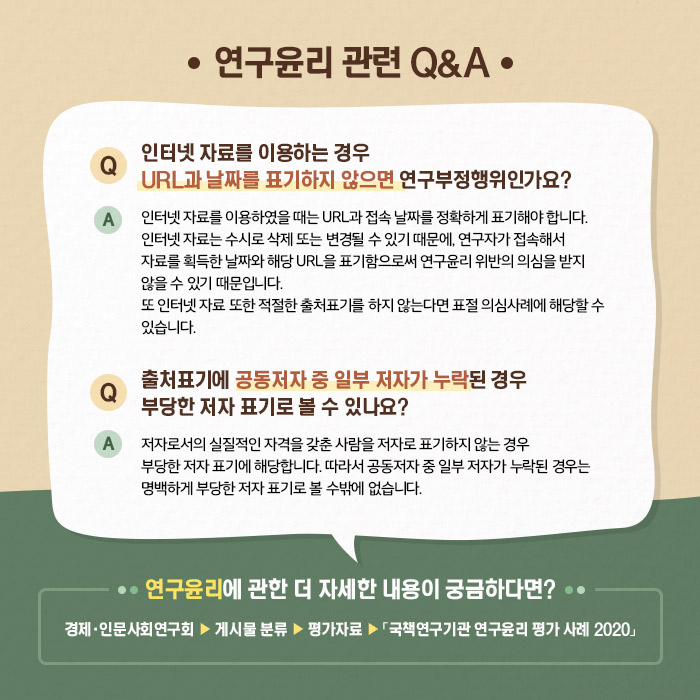 ？연구윤리 관련 Q&A | Q. 인터넷 자료를 이용하는 경우 URL과 날짜를 표기하지 않으면 연구부정행위인가요? A. 인터넷 자료를 이용하였을 때는 URL과 접속 날짜를 정확하게 표기해야 합니다. 인터넷 자료는 수시로 삭제 또는 변경될 수 있기 때문에, 연구자가 접속해서 자료를 획득한 날짜와 해당 URL을 표기함으로써 연구윤리 위반의 의심을 받지 않을 수 있기 때문입니다. 또 인터넷 자료 또한 적절한 출처표기를 하지 않는다면 표절 의심사례에 해당할 수 있습니다. Q. 출처표기에 공동저자 중 일부 저자가 누락된 경우 부당한 저자 표기로 볼 수 있나요? A. 저자로서의 실질적인 자격을 갖춘 사람을 저자로 표기하지 않는 경우 부당한 저자 표기에 해당합니다. 따라서 공도저자 중 일부 저자가 누락된 경우는 명백하게 부당한 저자 표기로 볼 수 밖에 없습니다.？ *연구윤리에 관한 더 자세한 내용이 궁금하다면? https://www.nrc.re.kr/board.es?mid=a10301000000&bid=0008&list_no=172931&act=view (10/11)