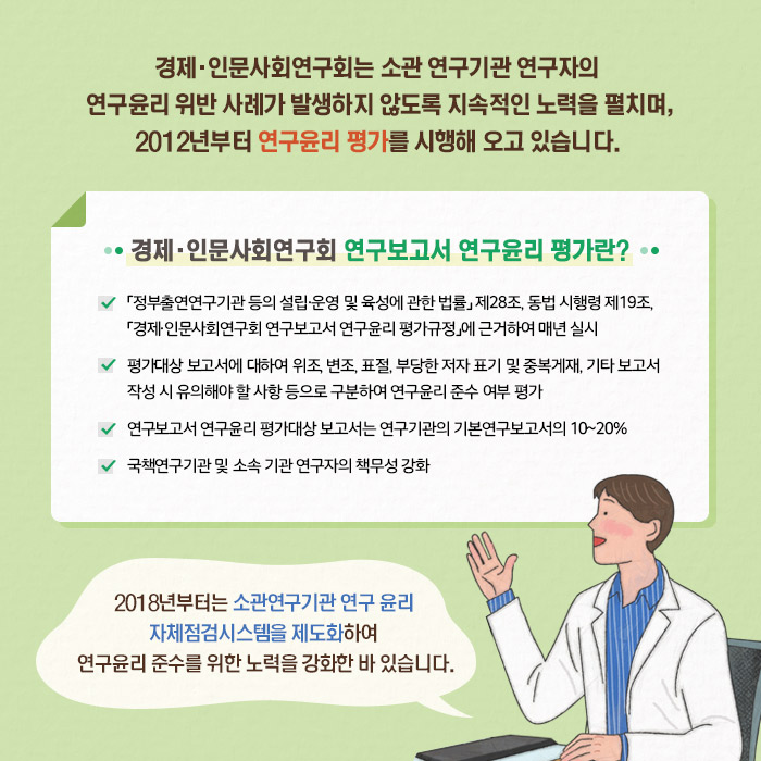 경제·인문사회연구회는 소관 연구기관 연구자의 연구윤리 위반 사례가 발생하지 않도록 지속적인 노력을 펼치며, 2012년부터 연구윤리 평가를 시행해 오고 있습니다.  | 경제·인문사회연구회 연구보고서 연구윤리 평가란? ● 「정부출연연구기관 등의 설립·운영 및 육성에 관한 법률」 제28조, 동법 시행령 제19조, 「경제·인문사회연구회 연구보고서 연구윤리 평가규정」에 근거하여 매년 실시● 평가대상 보고서에 대하여 위조, 변조, 표절, 부당한 저자 표기 및 중복게재, 기타 보고서 작성 시 유의해야 할 사항 등으로 구분하여 연구윤리 준수 여부 평가 ● 연구보고서 연구윤리 평가대상 보고서는 연구기관의 기본연구보고서의 10~20% ● 국책연구기관 및 소속 기관 연구자의 책무성 강화 | 2018년부터는 소관연구기관 연구 윤리 자체점검시스템을 제도화하여 연구윤리 준수를 위한 노력을 강화한 바 있습니다. (4/11)