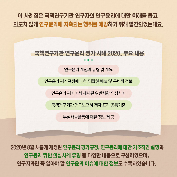 이 사례집은 국책연구기관 연구자의 연구윤리에 대한 이해를 돕고 의도치 않게 연구윤리에 저촉되는 행위를 예방하기 위해 발간되었는데요. | 2020년 8월 새롭게 개정된 연구윤리 평가규정, 연구윤리에 대한 기초적인 설명과 연구윤리 위반 의심사례 유형 등 다양한 내용으로 구성하였으며,연구자라면 꼭 알아야 할 연구윤리 이슈에 대한 정보도 수록하였습니다. (6/11) 