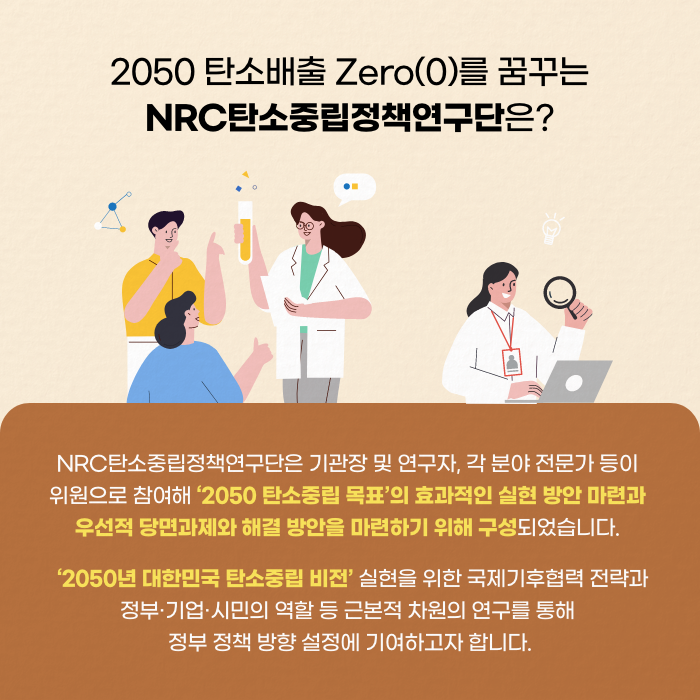 ？2050 탄소배출 Zero(0)를 꿈꾸는 NRC탄소중립정책연구단이란? | NRC탄소중립정책연구단은 기관장 및 연구자, 각 분야 전문가 등이  위원으로 참여해 ‘2050 탄소중립 목표’의 효과적인 실현 방안 마련과  우선적 당면과제와 해결 방안을 마련하기 위해 구성되었습니다.   ‘2050년 대한민국 탄소중립 비전’ 실현을 위한 국제기후협력 전략과 정부·기업·시민의 역할 등 근본적 차원의 연구를 통해  정부 정책  설정에 기여하고자 합니다. (7/12)