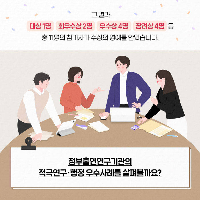 그 결과 대상1명, 최우수상 2명, 우수상 4명, 장려상 4명 등 총 1명의 참가자가 수상의 영예를 안았습니다. |  정부출연연구기관의 적극연구·행정 우수사례를 살펴볼까요? (3/9)