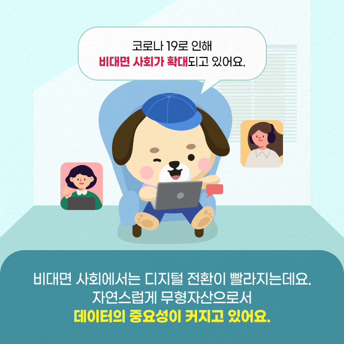 코로나 19로 인해 비대면 사회가 확대되고 있어요. | 비대면 사회에서는 디지털 전환이 빨라지는데요. 자연스럽게 무형자산으로서 데이터의 중요성이 커지고 있어요.(2/10)