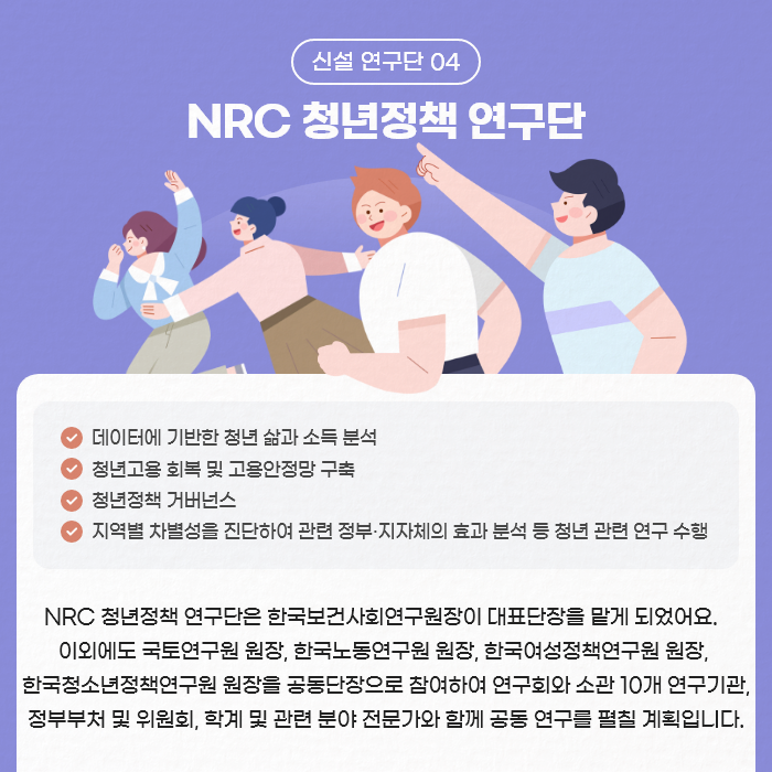 신설 연구단 04 | NRC 청년정책 연구단 | 데이터에 기반한 청년 삶과 소득 분석 /  청년고용 회복 및 고용안정망 구축 / 청년정책 거버넌스 / 지역별 차별성을 진단하여 관련 정부·지자체의 효과 분석 등 청년 관련 연구 수행 | NRC 청년정책 연구단은 한국보건사회연구원장이 대표단장을 맡게 되었어요. 이외에도 국토연구원 원장, 한국노동연구원 원장, 한국여성정책연구원 원장, 한국청소년정책연구원 원장을 공동단장으로 참여하여 연회와 소관 10개 연구기관, 정부부처 및 위원회, 학계 및 관련 분야 전문가와 함께 공동 연구를 펼칠 계획입니다. (8/9)  