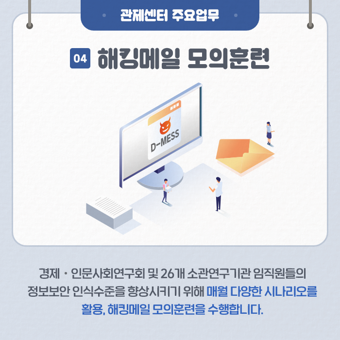 관제센터 주요업무 - 04 해킹메일 모의훈련 : 경제·인문사회연구회 및 26개 소관연구기관 임직원들의 정보보안 인식수준을 향상시키기 위해 매월 다양한 시나리오를 활용, 해킹메일 모의훈련을 수행합니다. (8/9)