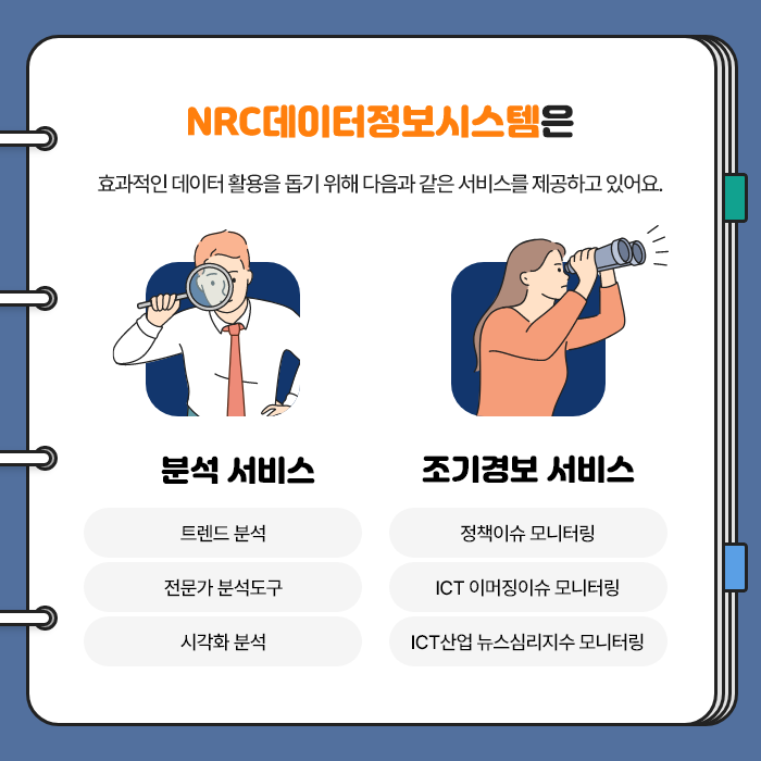 NRC데이터정보시스템은 효과적인 데이터 활용을 돕기 위해 다음과 같은 서비스를 제공하고 있어요. | 분석 서비스 : 트렌드 분석 / 전문가 분석도구 / 시각화 분석 | 조기경보 서비스 : 정책이슈 모니터링 / ICT 이머징이슈 모니터링 / ICT산업 뉴스심리지수 모니터링 (6/9)