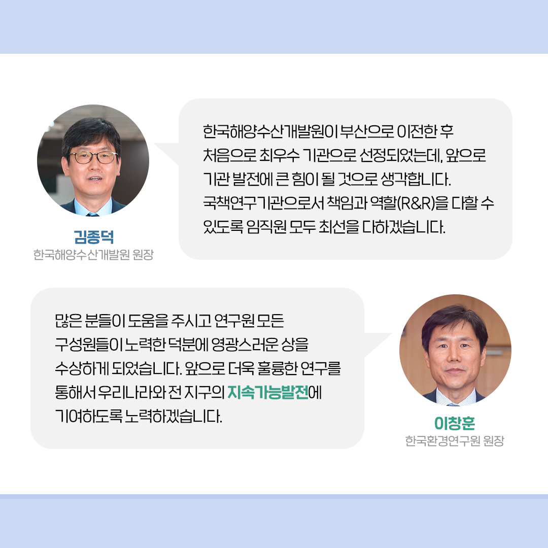 한국해양수산개발원이 부산으로 이전한 후 최우수 평가를 처음 받았는데, 앞으로 기관 발전에 큰 힘이 될 것으로 생각합니다. 국책연구기관으로서 책임과 역할(R&R)을 다할 수 있도록 임직원 모두 최선을 다하겠습니다. - 김종덕 한국해양수산개발원 원장 | |많은 분들이 도움을 주시고 연구원 모든 구성원들이 노력한 덕분에 영광스러운 상을 수상하게 되었습니다.  앞으로 더욱 훌륭한 연구를 통해서 우리나라와  전 지구의 지속가능발전에 기여하도록 노력하겠습니다.  -이창훈 한국환경연구원 원장  (8/13)