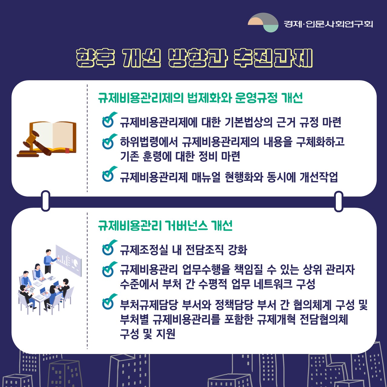 향후 개선 방향과 추진과제 | 규제비용관리제의 법제화와 운영규정 개선  | 규제비용관리제에 대한 기본법상의 근거 규정 마련 / 하위법령에서 규제비용관리제의 내용을 구체화하고 기존 훈령에 대한 정비 마련 / 규제비용관리제 매뉴얼 현행화와 동시에 개선작업  | 규제비용관리 거버넌스 개선  | 규제조정실 내 전담조직 강화 /  규제비용관리 업무수행을 책임질 수 있는 상위 관리자 수준에서 부처 간 수평적 업무 네트워크 구성 / 부처규제담당 부서와 정책담당 부서 간 협의체계 구성 및 부처별 규제비용관리를 포함한 규제개혁 전담협의체 구성 및 지원 (3/5)