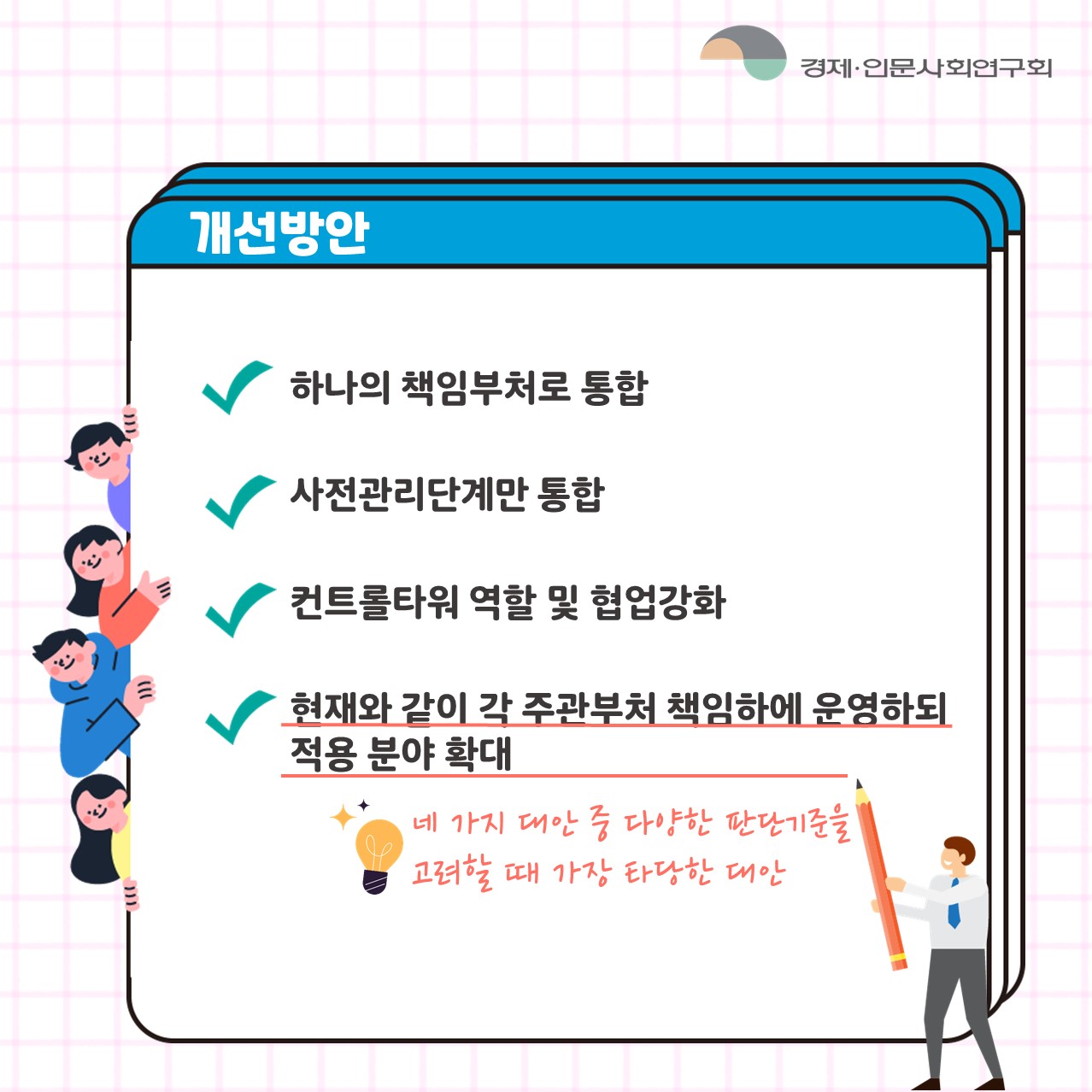 개선방안 | 하나의 책임부처로 통합 / 사전관리단계만 통합 / 컨트롤타워 역할 및 협업 강화 / 현재와 같이 각 주관부처 책임하에 운영하되 적용 분야 확대 / 네 가지 대안 중 다양한 판단기준을 고려할 때 가장 타당한 대안 (4/6)