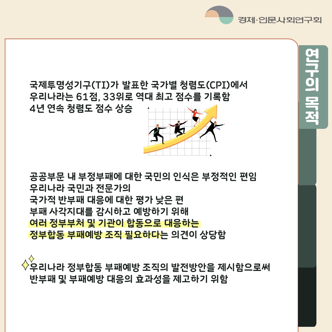 연구의 목적 | 국제투명성기구(TI)가 발표한 국가별 청렴도(CPI)에서 우리나라는 61점, 33위로 역대 최고 점수를 기록함 4년 연속 청렴도 점수 상승, 공공부문 내 부정부패에 대한 국민의 인식은 부정적인 편임 우리나라 국민과 전문가의 국가적 반부패 대응에 대한 평가 낮은 편 부패 사각지대를 감시하고 예방하기 위해 여러 정부부처 및 기관이 합동으로 대응하는 정부합동 부패예방 조직 필요하다는 의견이 상당함,우리나라 정부합동 부패예방 조직의 발전방안을 제시함으로써 반부패 및 부패예방 대응의 효과성을 제고하기 위함 (2/5)