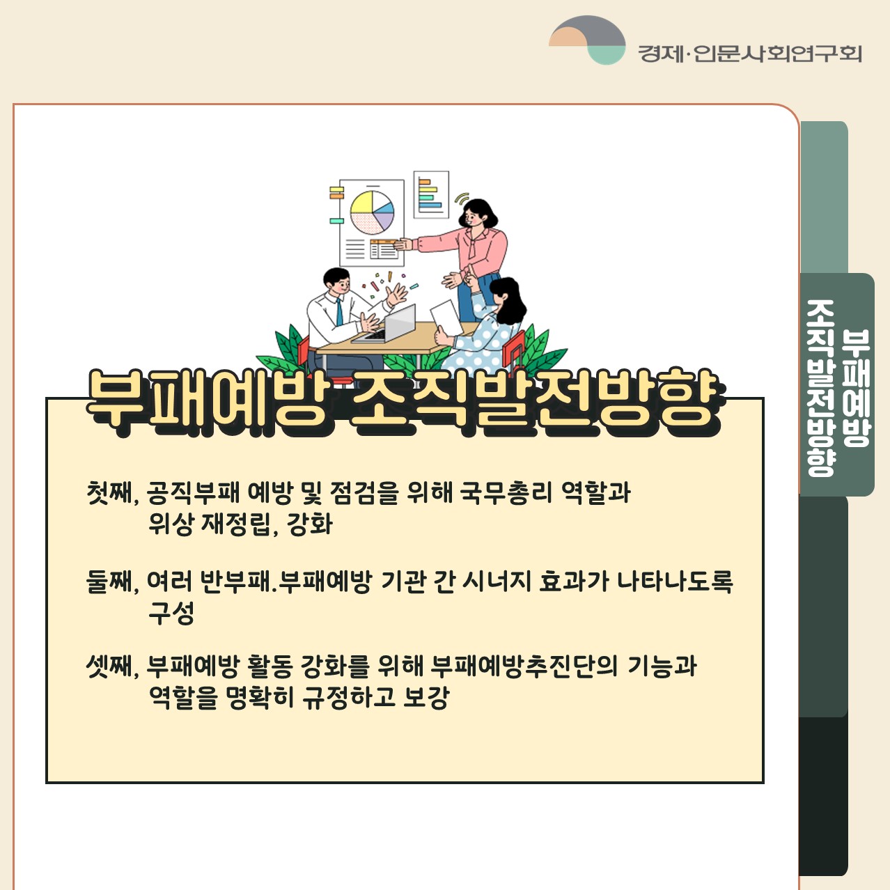 부패예방 조직발전방향 | 첫째, 공직부패 예방 및 점검을 위해 국무총리 역할과 위상 재정립, 강화 둘째, 여러 반부패. 부패예방 기관 간 시너지 효과가 나타나도록 구성 셋째, 부패예방 활동 강화를 위해 부패예방추진단의 기능과 역할을 명확히 규정하고 보강 (3/5)