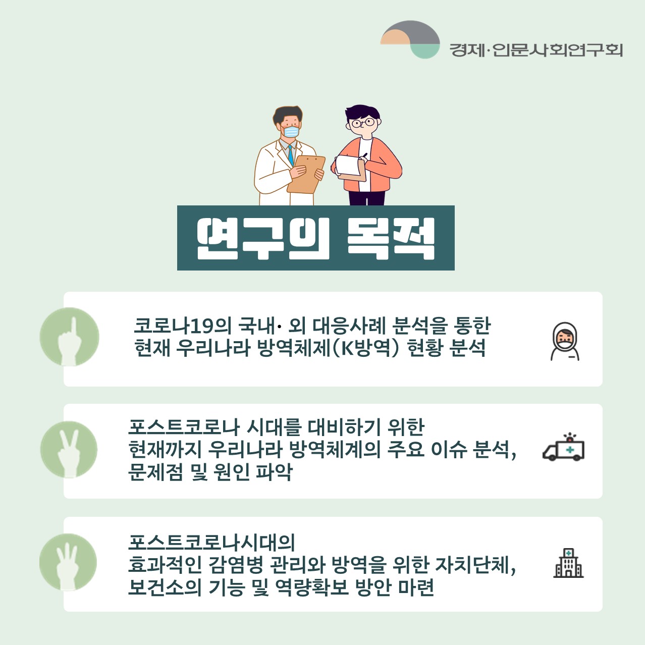 연구의 목적 | 1.코로나19의 국내·외 대응사례 분석을 통한 현재 우리나라 방역체제(K방역) 현황 분석 | 2.포스트코로나 시대를 대비하기 위한 현재까지 우리나라 방역체계의 주요 이슈 분석, 문제점 및 원인 파악 | 3.포스트코로나시대의 효과적인 감염병 관리와 방역을 위한 자치단체, 보건소의 기능 및 역량확보 방안 마련 (3/5)