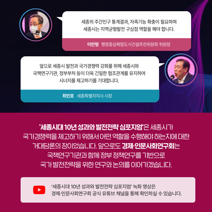 세종의 주간인구 통계결과, 자족기능 확충이 필요하며 세종시는 지역균형발전 구심점 역할을 해야 합니다. - 이만형 행정중심복합도시건설추진위원회 위원장 | 앞으로 세종시 발전과 국가경쟁력 강화를 위해 세종시와 국책연구기관, 정부부처 등이 더욱 긴밀한 협조관계를 유지하여 시너지를 제고하기를 기대합니다. - 최민호 세종특별자치시 시장 | '세종시대 10년 성과와 발전전략 심포지엄'은 세종시가 국가경쟁력을 제고하기 위해서 어떤 역할을 수행해야 하는지에 대한 거대담론의 장이었습니다. 앞으로도 경제 인문사회연구회는 국책연구기관과 함께 정부 정책연구를 기반으로 국가 발전전락을 위한 연구와 논의를 이어 가겠습니다. | 세종시대 10년 성과와 발전전략 심포지엄' 녹화 영상은 경제 인문사회연구회 공식 유튜브 채널을 통해 확인하실 수 있습니다. (12/12)