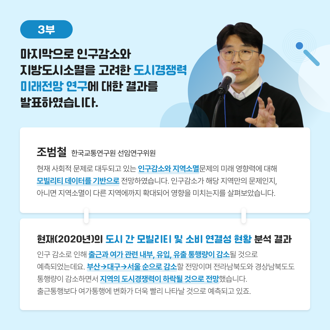 -3부- 마지막으로 인구감소와 지방도시소멸을 고려한 도시경쟁력 미래전망 연구에 대한 결과를 발표하였습니다. | 조범철 한국교통연구원 선임연구위원 - 현재 사회적 문제로 대두되고 있는 인구감소와 지역소멸문제의 미래 영향력에 대해 모빌리티 데이터를 기반으로 전망하였습니다. 인구감소가 해당 지역만의 문제인지, 아니면 지역소멸이 다른 지역에까지 확대되어 영향을 미치는지를 살펴보았습니다. | 현재(2020년)의 도시 간 모빌리티 및 소비 연결성 현황 분석 결과 인구 감소로 인해 출근과 여가 관련 내부, 유입, 유출 통행량이 감소될 것으로 예측되었는데요. 부산→  대구→ 서울 순으로 감소할 전망이며 잔라남북도와 경상남북도도 통행량이 감소하면서 지역의 도시경쟁력이 하락될 것으로 전망했습니다. 출근통행보다 여가통행에 변화가 더욱 빨리 나타날 것으로 예측되고 있죠. (8/11)