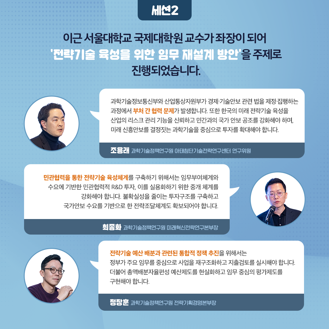 -세션2- 이근 서울대학교 국제대학원 교수가 좌장이 되어 전략기술 육성을 위한 임무 재설계 방안을 주제로 진행되었습니다. | 과학기술정보통신부와 산업통상자원부가 경제？기술안보 관련 법을 제정？집행하는 과정에서 부처 간 협력 문제가 발생합니다. 또한 한국의 미래 전략기술 육성을 산업의 리스크 관리 기능을 신뢰하고 민간 과의 국가 안보 공조를 강화해야 하며, 미래 신흥안보를 결정짓는 과학기술을 중심으로 투자를 확대해야 합니다. - 조용래 과학기술정책연구원 아태첨단기술전략연구센터 연구위원 | 민관협력을 통한 전략기술 육성체계를 구축하기 위해서는 임무부여체계와 수요에 기반한 민관협력적 R&D 투자, 이를 실용화하기 위한 중개 체계를 강화해야 합니다. 불확실성을 줄이는 투자구조를 구축하고 국가안보 수요를 기반으로 한 전략조달체계도 확보되어야 합니다. - 최종화 과학기술정책연구원 미래혁신전략연구본부 본부장 | 전략기술 예산 배분과 관련된 통합적 정책 추진을 위해서는 정부가 주요 임무를 중심으로 사업을 재구조화하고 지출검토를 실시해야  합니다. 더불어 총액배분자율편성 예산제도를 현실화하고 임무 중심의 평가제도를 구현해야 합니다. - 정장훈 과학기술정책연구원 전략기회경영본부 본부장 (7/11)